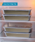Stacked 4 Pack Stainless Steel Food Containers With Clear Lids 68oz Each in Fridge