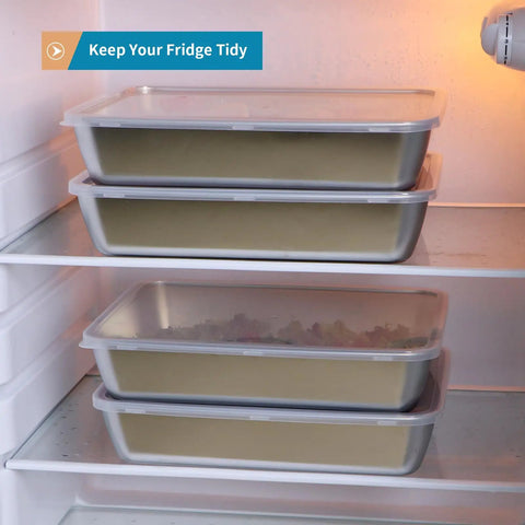 Stacked 4 Pack Stainless Steel Food Containers With Clear Lids 68oz Each in Fridge