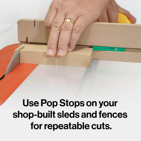 MicroJig MatchFit Pop Stop 6-Pack: Pro Go-To Dovetail Track Stops For Versatile Woodworking in use with saw and sled
