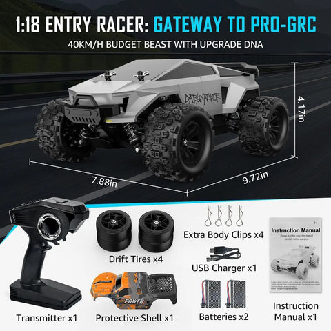 1/18 RC Cyber Monster Truck and Drift Car with Two PVC Shells, Transmitter, and Batteries