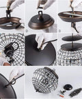14 inch Crystal Pendant Light, 2-Light Antique Bronze Small Chandelier assembly process with parts and tools shown.