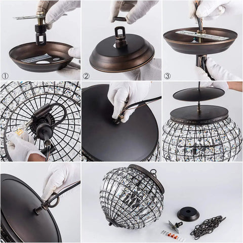 14 inch Crystal Pendant Light, 2-Light Antique Bronze Small Chandelier assembly process with parts and tools shown.