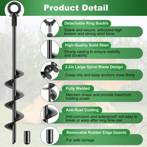 Heavy Duty 18 Inch Ground Anchors 4 Pack Fully Welded Screw In Stakes with detachable ring buckle and spiral blade design