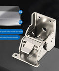 Industrial locking hinge with 90-degree foldable leg bracket in silver metal for tables and workbenches