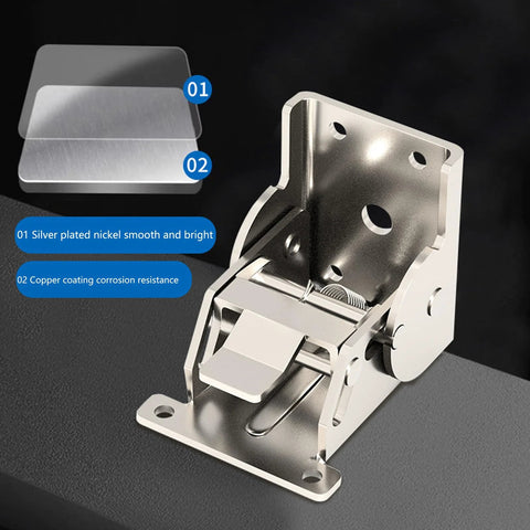Industrial locking hinge with 90-degree foldable leg bracket in silver metal for tables and workbenches