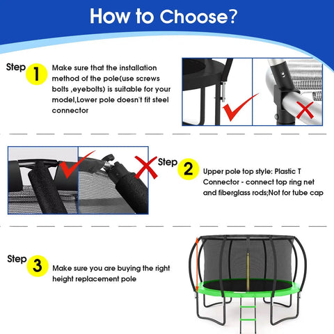 Instructional image on selecting Built Tough Universal 2 Pack Trampoline Curved Enclosure Poles Compatible With 10 To 16 Ft Nets.
