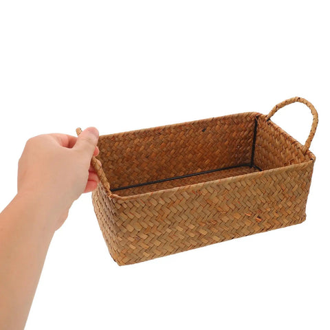 Spacious Open Top Seagrass Woven Storage Basket With Heavy Duty Handles For Kitchen Farmhouse Pantry Bathroom Towels Cosmetics And Hassle Free Daily Organization Goals, held by hand.