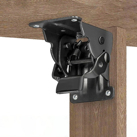 Close-up of a Self Locking Folding Table Leg Bracket with Heavy Duty Hinge mounted on wood, ideal for collapsible shelves and wall mounts.