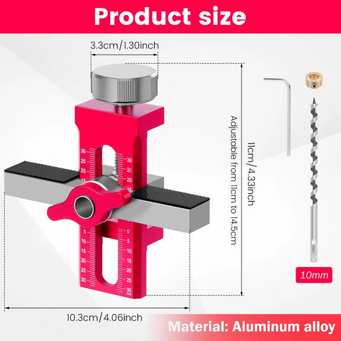 Portable Aluminum Alloy Cabinet Door Positioner Tool with double row scale and versatile handle jig, dimensions shown.