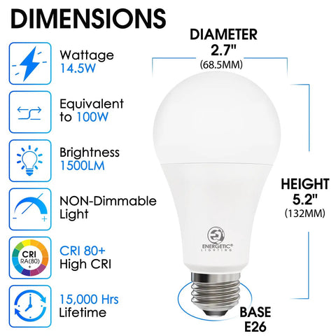 No Fuss Motion Sensor LED Bulbs A21 Shape E26 Base 14.5W 100W Equivalent 1500 Lumens Daylight 5000K Auto On Off For Porch Garage Patio 2 Pack Dusk to Dawn with 360 Degree Sensing and About 10 Feet Reach, A21 bulb dimensions