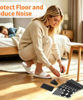 Woman applying Legit Heavy Duty Felt Furniture Pads 300 Piece Pack Black Self Adhesive Glide Sliders on hardwood floor.