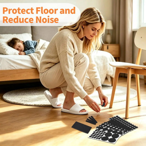 Woman applying Legit Heavy Duty Felt Furniture Pads 300 Piece Pack Black Self Adhesive Glide Sliders on hardwood floor.