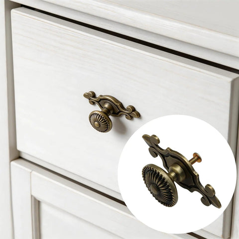 Eight Pack Vintage Brass Cabinet Knobs With Mushroom Backplate on white dresser drawer, Antique Gold Cabinet Hardware showcase