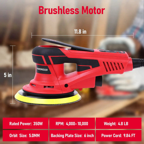 Heavy Hitter Electric Random Orbital Sander With 350W Brushless Motor And 10000 RPM For Quick Woodworking Carpentry Polishing Delivers Glassy Smooth Finishes Every Session Comes Loaded With 12 Premium Grit Sanding Papers Shop Tough Build