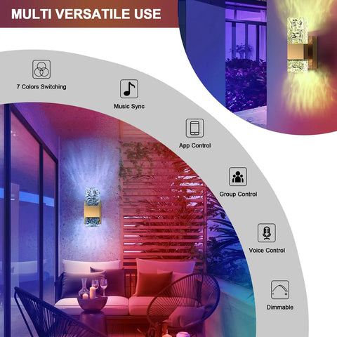 Smart Dimmable LED Wall Sconces Set Of 2 With Alexa And Remote, showing RGB color effects in a modern living room setting.