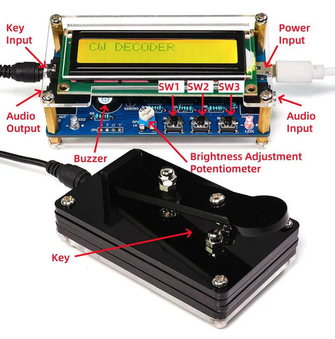 Morse Code Trainer Kit With Pre Soldered PCB And Enclosure Ready To Build For Beginners And Tech Nerds Hands On Electronics Practice Project Kit To Learn Morse Code And Soldering Skills showing CW decoder and key components.