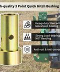 Quick Hitch Adapter Bushings Set for Cat 1 3 Point Tractor Implements Four Piece Bushing Kit with Roll Pins Gold Fits Farm Attachments and Category 1 Tractors for a Snug Secure Connection, gold galvanized steel bushing
