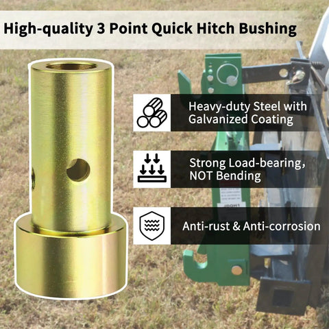 Quick Hitch Adapter Bushings Set for Cat 1 3 Point Tractor Implements Four Piece Bushing Kit with Roll Pins Gold Fits Farm Attachments and Category 1 Tractors for a Snug Secure Connection, gold galvanized steel bushing