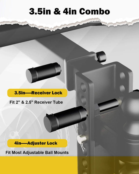 Five Eighth Inch Trailer Hitch Pin Lock Fits Two To Two And A Half Inch Receivers Three And A Half Inch Span Heavy Duty Anti Theft Lock For Class III And IV Trailers Trucks And Boats Up To Thirty Thousand Pounds Includes Four O Rings installed on receiver hitch showing 3.5in and 4in locks
