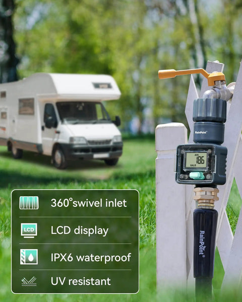 Ultra Accurate Water Flow Meter For RV Garden Hose Pool Lawn Sprinkler And Nozzle Sprayer, Measures Water Consumption And Flow Rate Up To 9999.9 Gallons Or Liters, With About Five Percent Accuracy And Easy Mode Options, LCD display