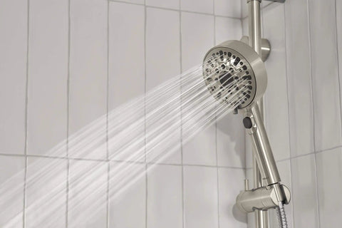 Precept Slide Bar With Brushed Nickel Finish, Easy Dial To Switch Hand Shower Spray Settings in modern bathroom