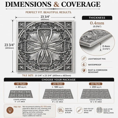 Diagram with dimensions of Aged Silver 2X2 Ceiling Tiles Pack Of 10 For Drop-In or Glue-Up Install PVC Panels shown in vintage tin style.