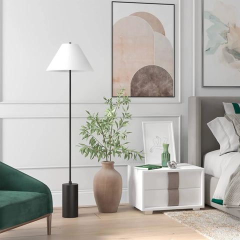 64 Inch Tall Floor Lamp With White Fabric Empire Shade In Blackened Bronze Finish next to nightstand in modern bedroom