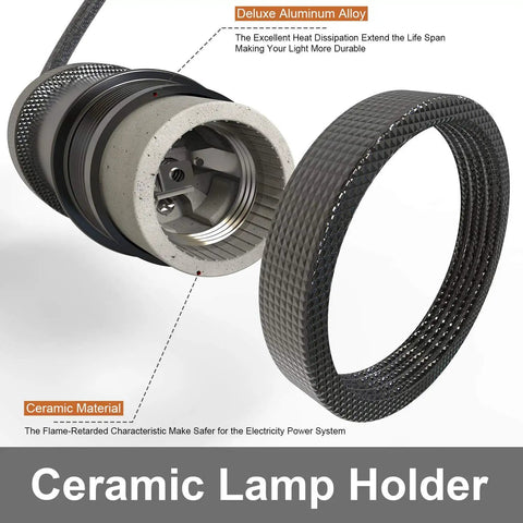 Close-up of ceramic lamp holder highlighting durable aluminum and flame-retardant features for Three Pack Industrial Glass Pendant Lights For Kitchen Island With Teardrop Chrome Mirror Finish Dope Edison Hanging Fixtures For Farmhouse Bar Area Over Sink Dining Room Bulbs Not Included.