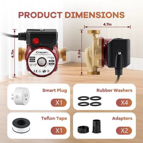 Solid Build 1/8 HP Hot Water Recirculating Pump With 115 Volt 20 Foot Cord And 1 1/4 Inch NPSM Connections showing product dimensions and included accessories.
