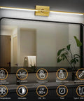 Top Shelf Gold Rechargeable Wall Sconces Pair Wireless Battery Powered LED Wall Light mounted above a mirror in a modern bathroom.