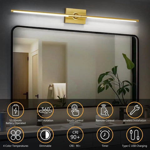 Top Shelf Gold Rechargeable Wall Sconces Pair Wireless Battery Powered LED Wall Light mounted above a mirror in a modern bathroom.