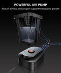 Powerful air pump and triangular cover of Deep Water Culture DWC Hydroponics Grow System with 7-gallon capacity for indoor use.