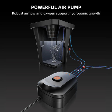 Powerful air pump and triangular cover of Deep Water Culture DWC Hydroponics Grow System with 7-gallon capacity for indoor use.