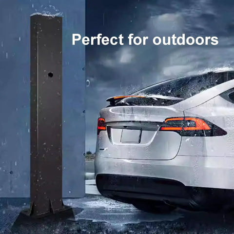 Built Different Free Standing Ev Charger Holder And Cord Wrap Organizer Weatherproof Steel Post for outdoor use with rain.