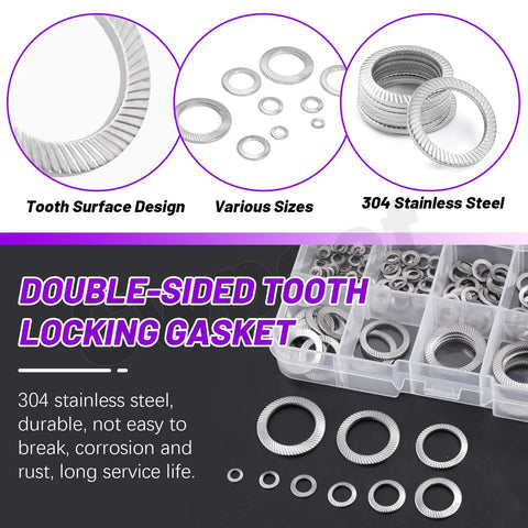 160 Piece 304 Stainless Steel Double Side Tooth Lock Washer Assortment Kit Metric M3 Through M16 Sizes including various sizes and designs.