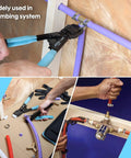 Front collage of Shall PEX crimping tool with blue handles crimping clamps on purple PEX pipe; storage bag visible