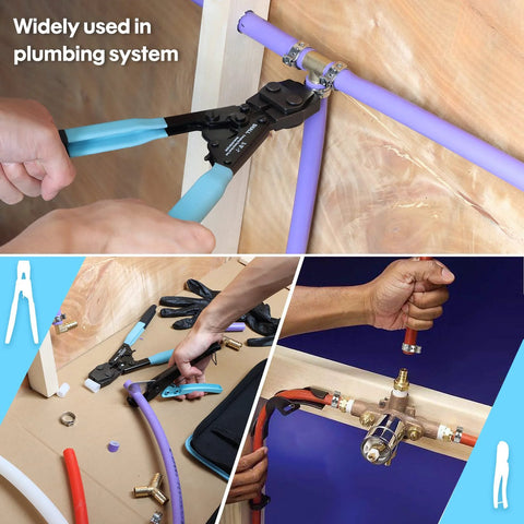 Front collage of Shall PEX crimping tool with blue handles crimping clamps on purple PEX pipe; storage bag visible