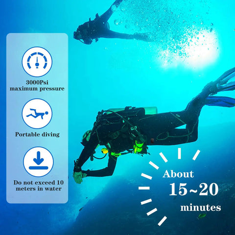 Diver using Mini Scuba Tank 1L Portable Diving Tank 3000 PSI With 30-Inch Expandable Pressure Gauge Rotating 360 Degrees underwater.