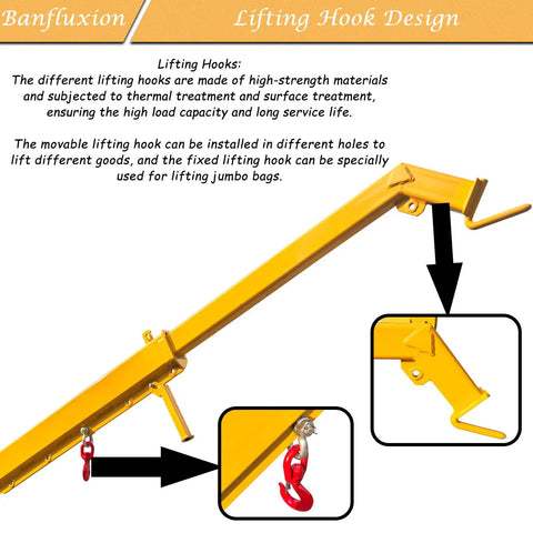 Heavy Duty Forklift Jib Boom Crane With 6600 Lbs Capacity showcasing integrated fixed and movable hooks for lifting jumbo bags.