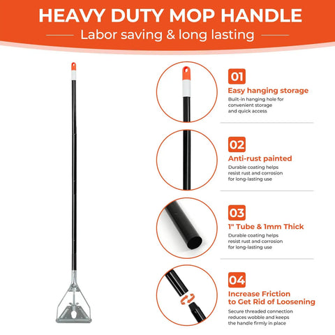Built Tough Commercial Wet Mop Handles 3 Pack 58 Inch Metal Cleaning Poles with secure jaw clamp head and locking mechanism.