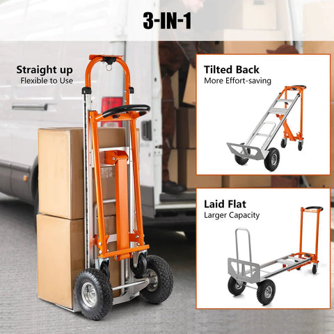 3 In 1 Convertible Hand Truck Aluminum Utility Dolly Cart with 880 lb capacity next to van in vertical and flat positions