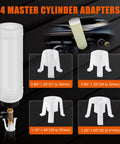 Pro Grade Pneumatic Brake Bleeder Kit For Cars Trucks And Motorcycles With Extractor And Refill Bottle, showing 4 master cylinder adapters in various sizes.