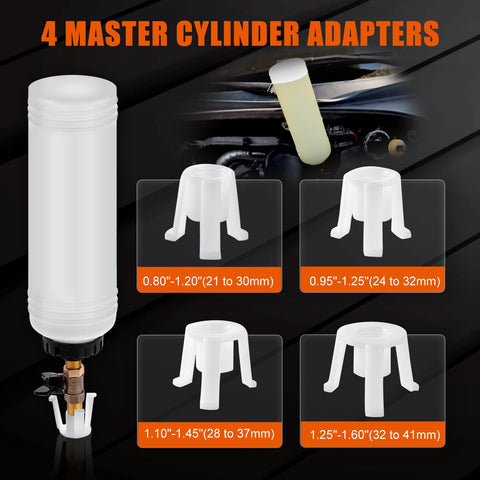 Pro Grade Pneumatic Brake Bleeder Kit For Cars Trucks And Motorcycles With Extractor And Refill Bottle, showing 4 master cylinder adapters in various sizes.