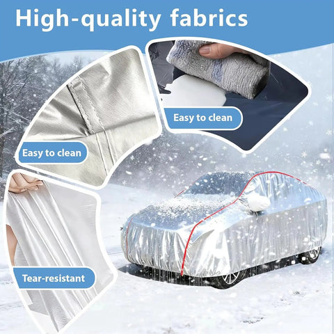 Close-up of Pro Grade Outdoor Car Cover For Tesla Cybertruck showing easy-to-clean, tear-resistant fabric in snowy conditions.