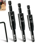 Heavy Duty Self Centering Drill Bit Set With Spring Guide Quarter Inch Hex Shank Kit For Cabinet Hinges showing 1/8, 7/64, 3/32 inch bits