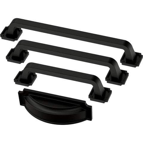 Matte Black Cabinet Handles Set Of 10 Notched Backplate Drawer Pulls For Kitchen Cabinets And Dressers shown in various angles