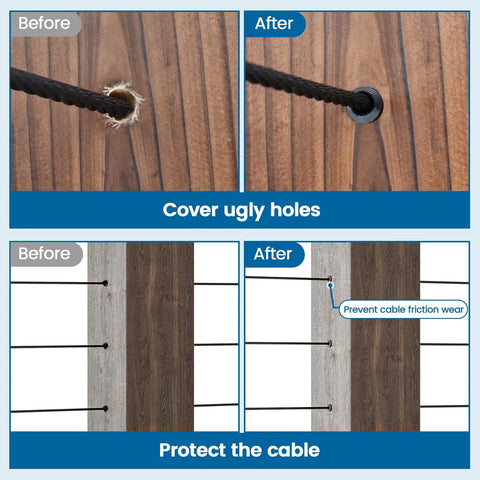 Before-and-after of Stainless Steel T316 Protective Sleeves For One Eighth Inch Wire Rope Cable Railing On Wood Posts Black Finish Kit