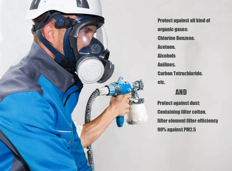 Man wearing Full Face Respirator Mask For Spray Painting And Chemical Fumes Dustproof Safety Gear With Dual Cartridges