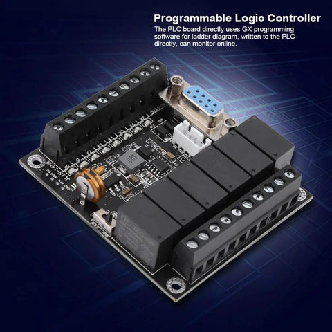 Rock Solid 24V DC PLC Control Board With FX1N-14MR Relay Module for Industrial Automation shown on a gradient background