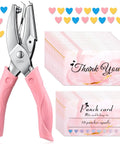 Heart Shaped Handheld Punch Card Kit With 100 Reward Cards, pink soft grip puncher and decorative cards for scrapbooking and DIY projects.